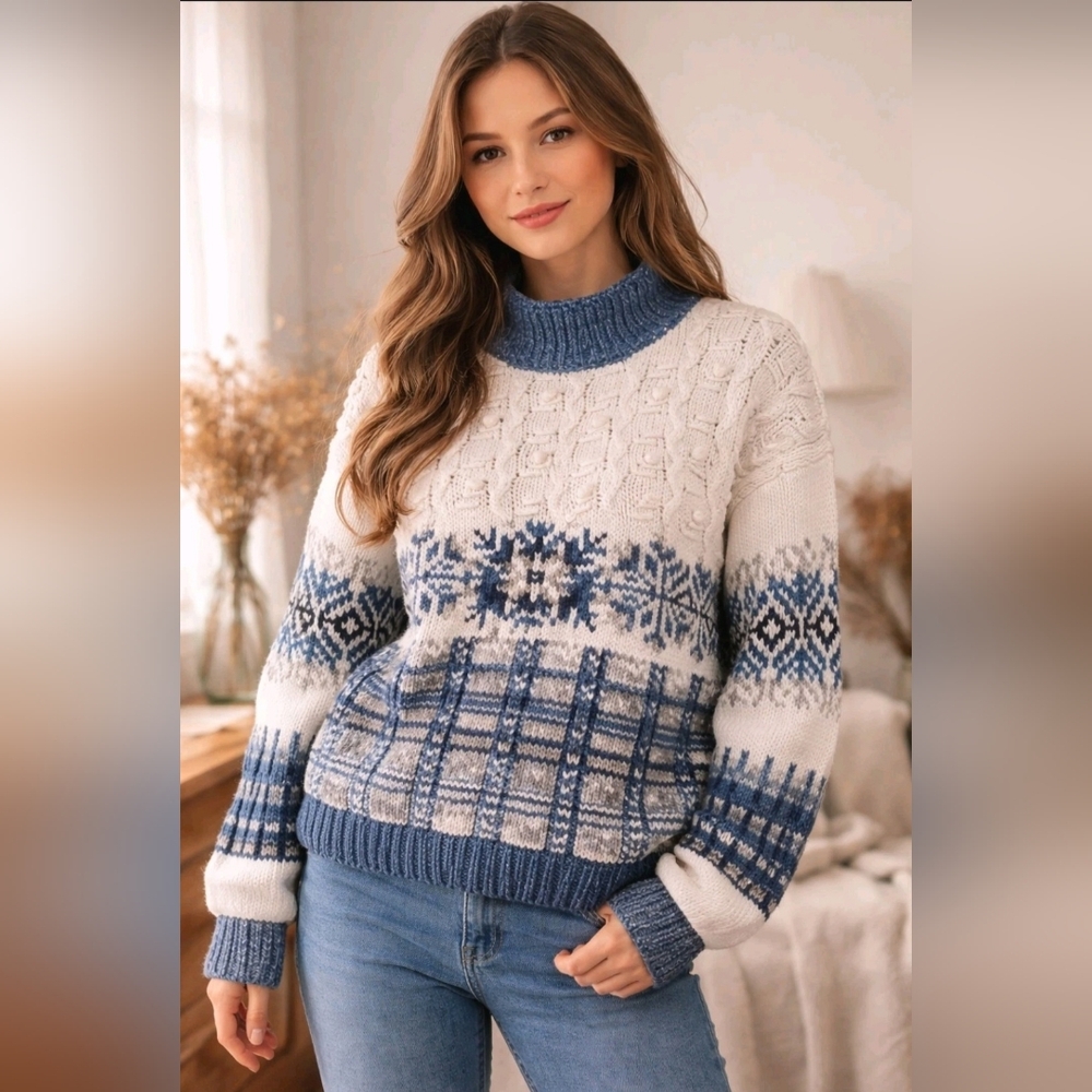 Vtg Chunky Cable Knit Fair Isle‎ Nordic Bobble Sweater S/M Cottagecore Academia